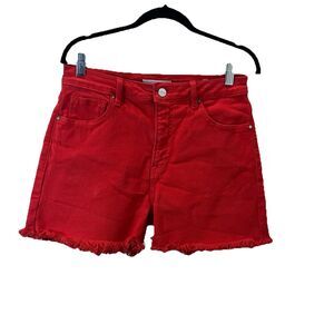 Risen Jeans Denim Shorts Cut Off Red Fray Hem Womens Size L High Rise